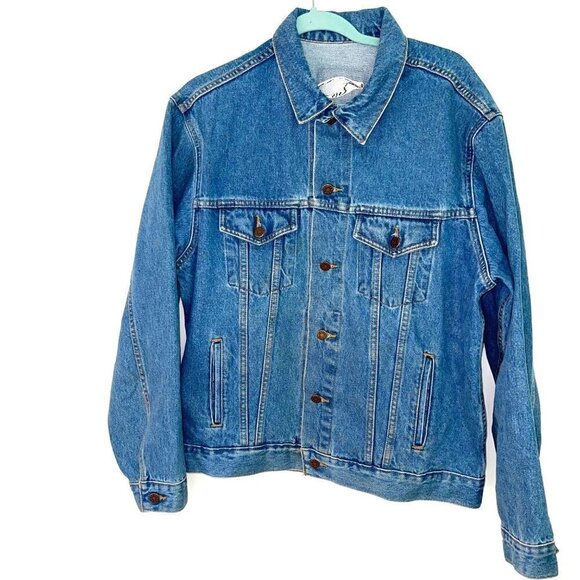 Amerifest Big Gig Denim Trucker Jacket Mens Blue Hat Logo Cotton Button Front - Picture 2 of 12